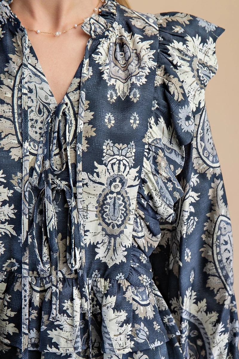 Navy Paisley Tiered Ruffle Blouse