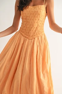 Orange Eyelet Lace Midi Dress