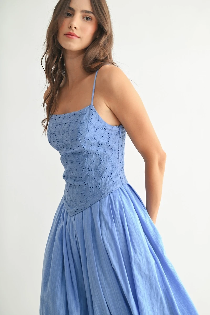 Blue Eyelet Lace Midi Dress