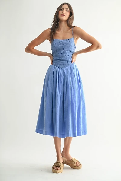 Blue Eyelet Lace Midi Dress