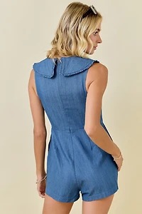 Denim Collared Pleated Romper