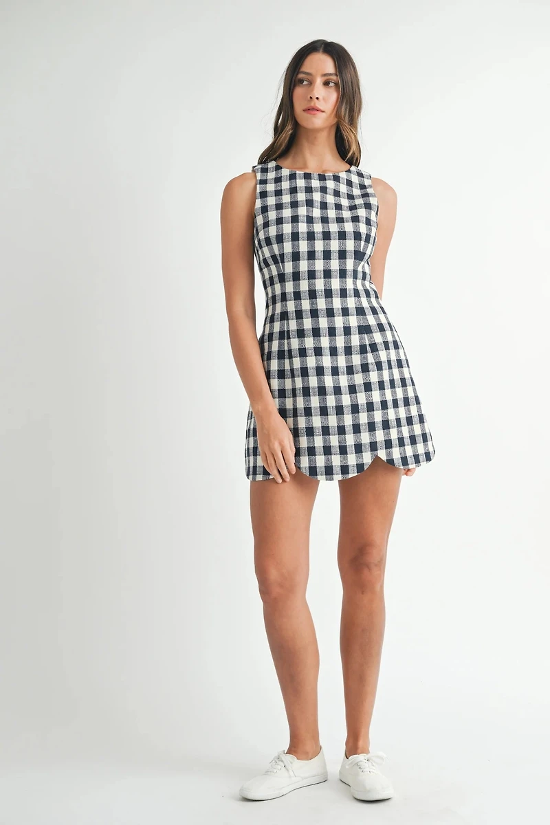 Navy Plaid Scallop Mini Dress