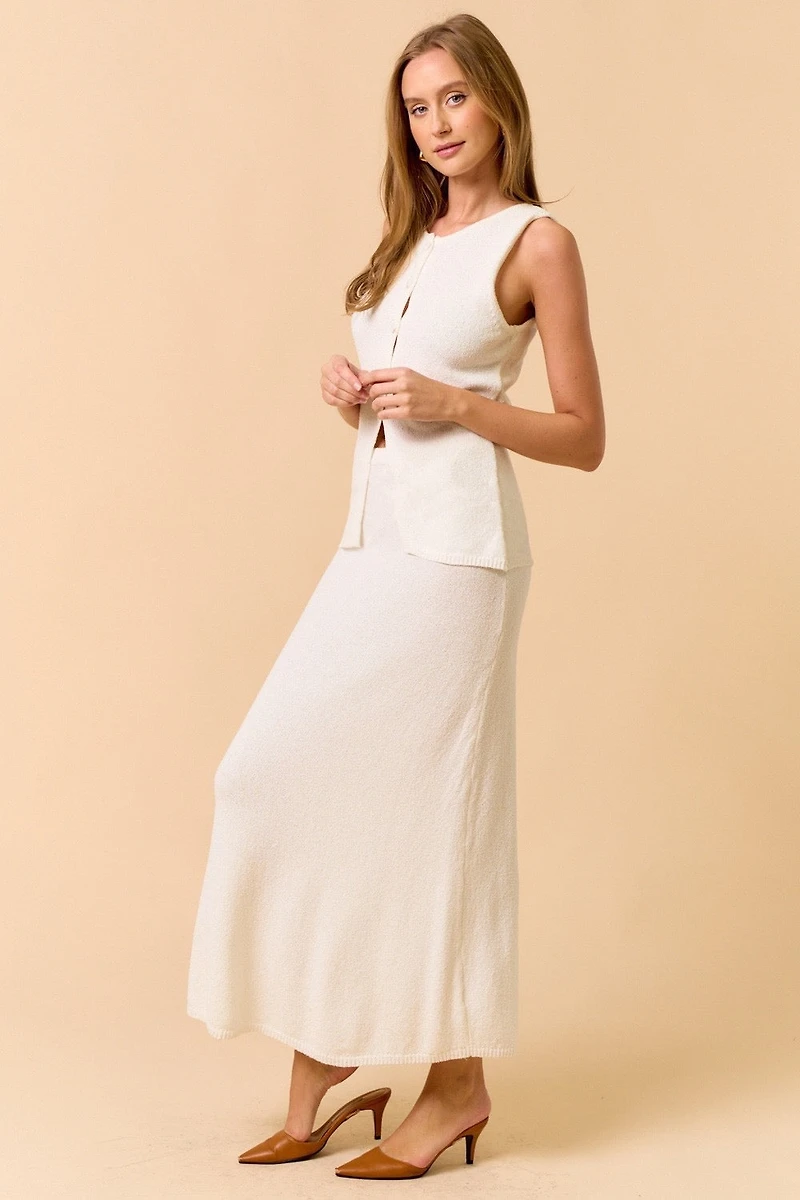 White Button Down Sweater & Skirt Set