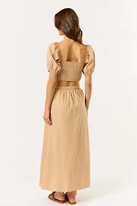 Beige Puff Sleeve Top & Skirt Set