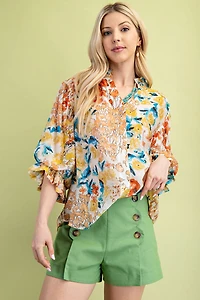 Mustard Floral Printed Button Down Top