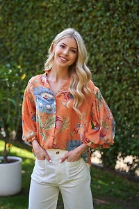 Coral Printed Button Down Top