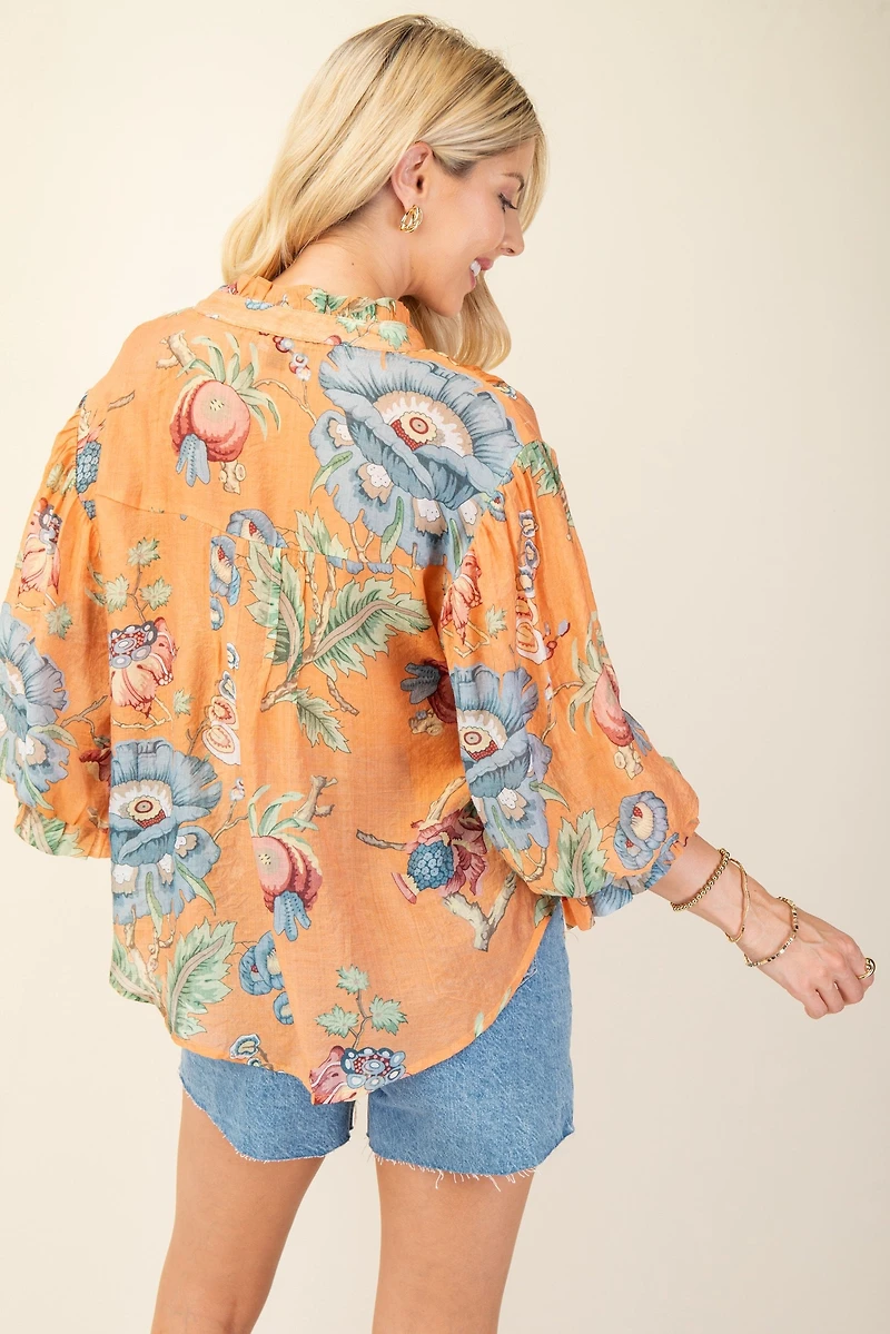 Coral Printed Button Down Top