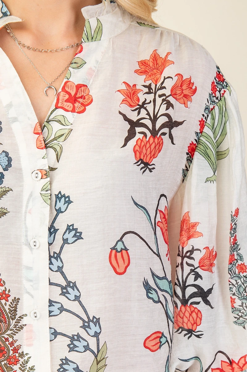 White Printed Button Down Top