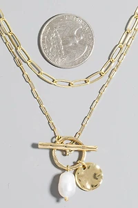 Paperclip Toggle Chain Disc Pearl Necklace
