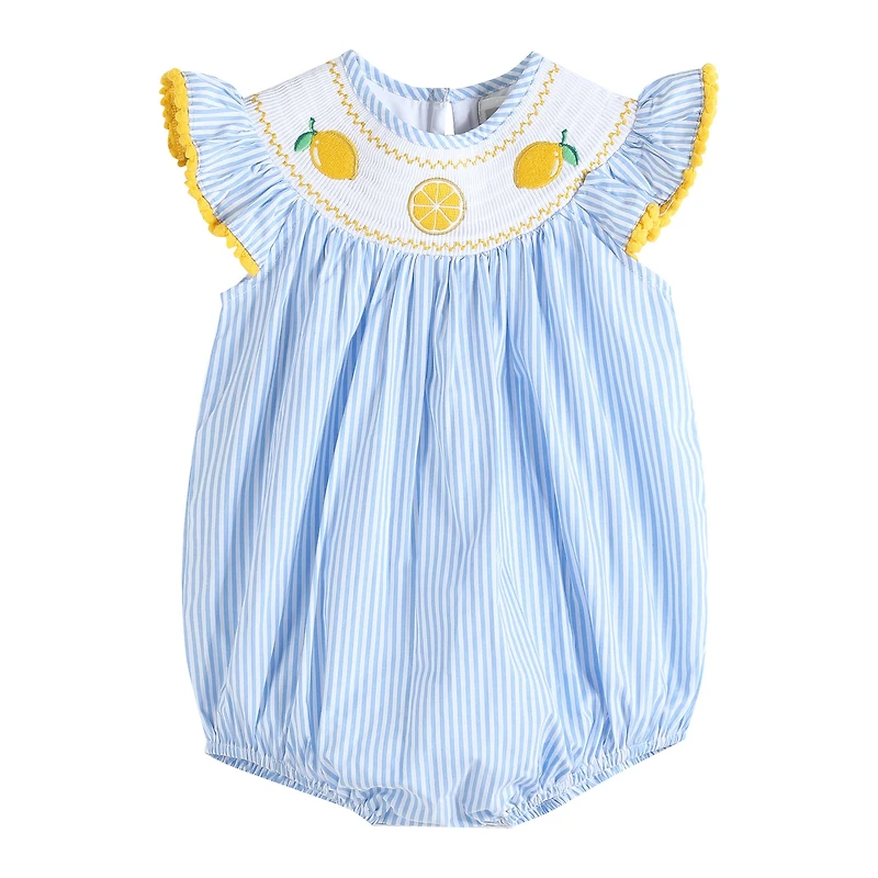 Light Blue Striped Lemons Smocked Ruffle Romper: 2T