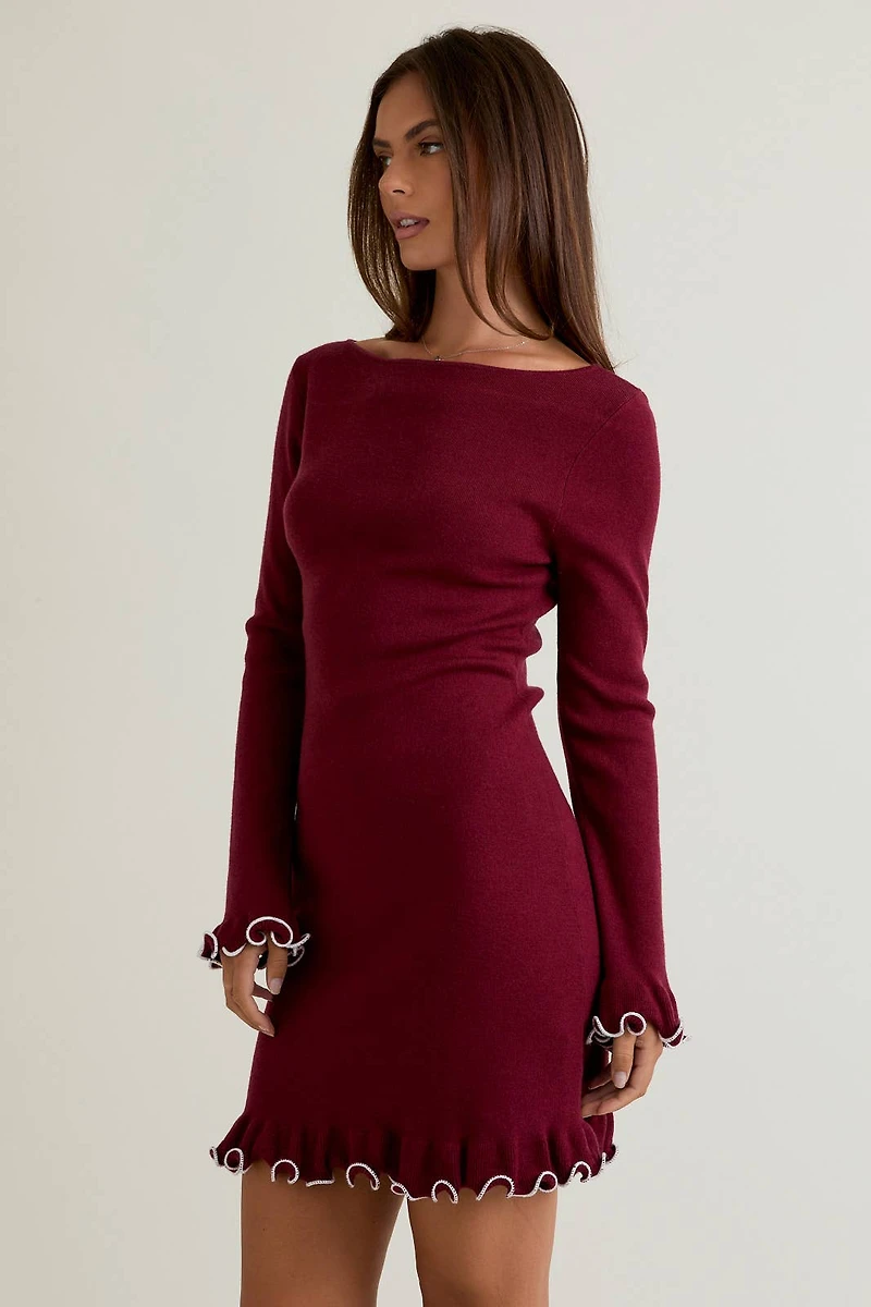 Burgundy Boat Neck Ruffle Hem Sweater Dress