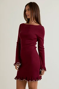 Burgundy Boat Neck Ruffle Hem Sweater Dress