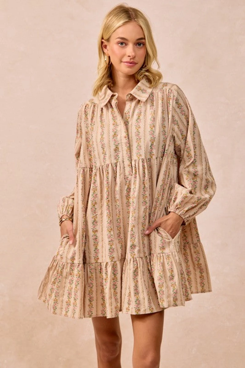 Cream Floral Print Buttoned Shirt Dress