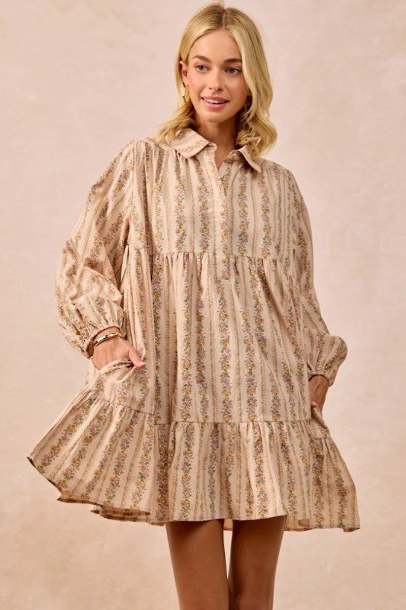 Cream Floral Print Buttoned Shirt Dress