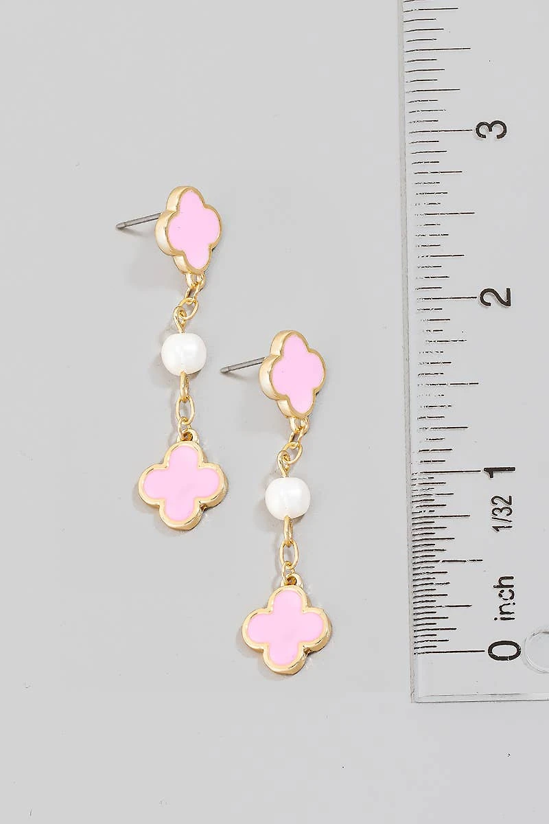 Clover And Fresh Water Pearl Dangle Chain Earrings