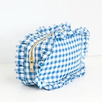 Royal Blue Gingham Frilly Makeup Bag