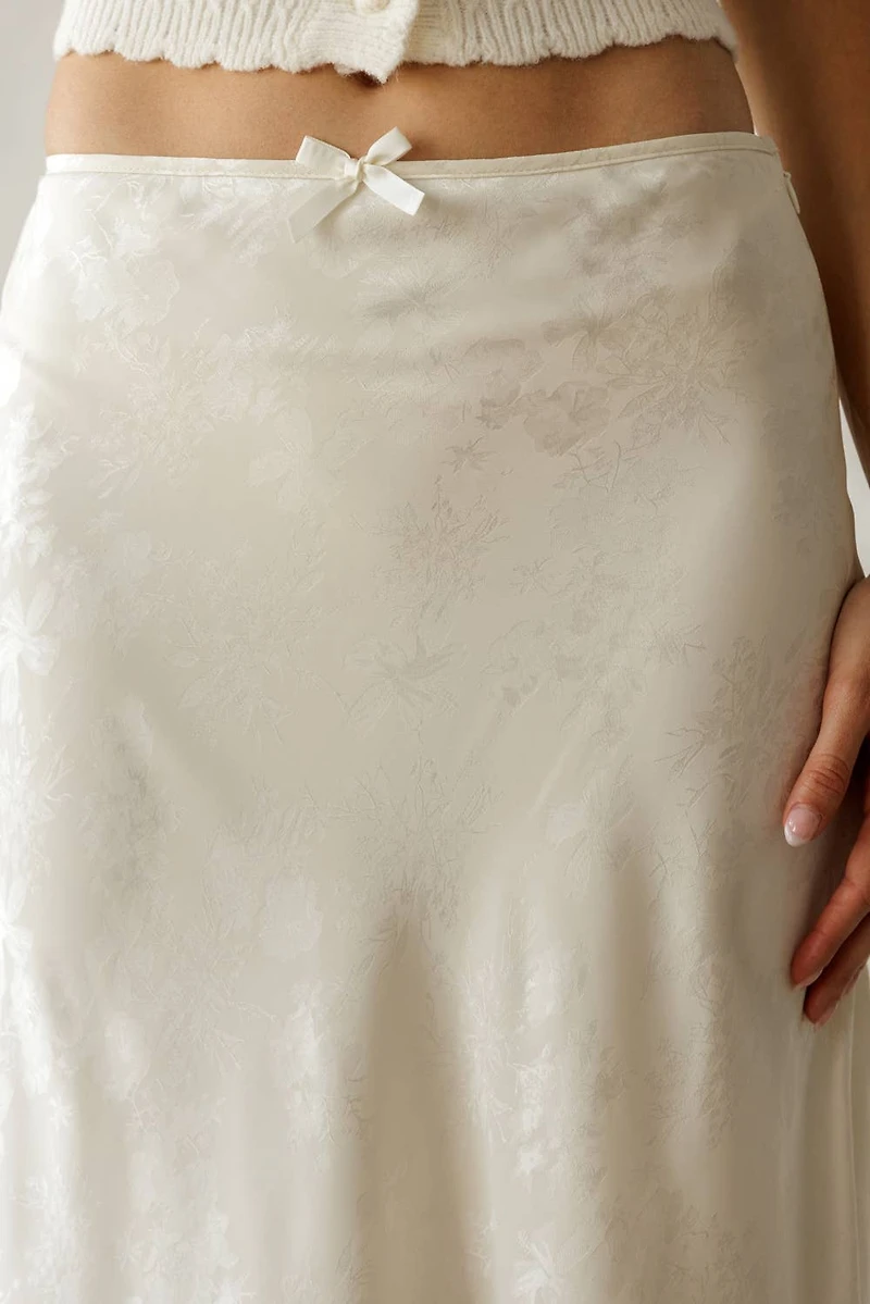 Ivory Satin Lace Trim Midi Skirt