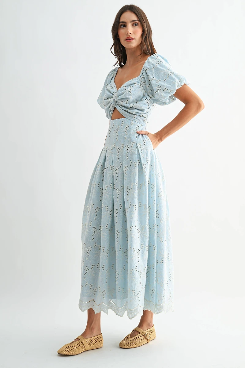 Blue Eyelet Puff Sleeve Maxi Dress