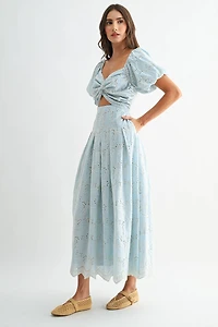 Blue Eyelet Puff Sleeve Maxi Dress