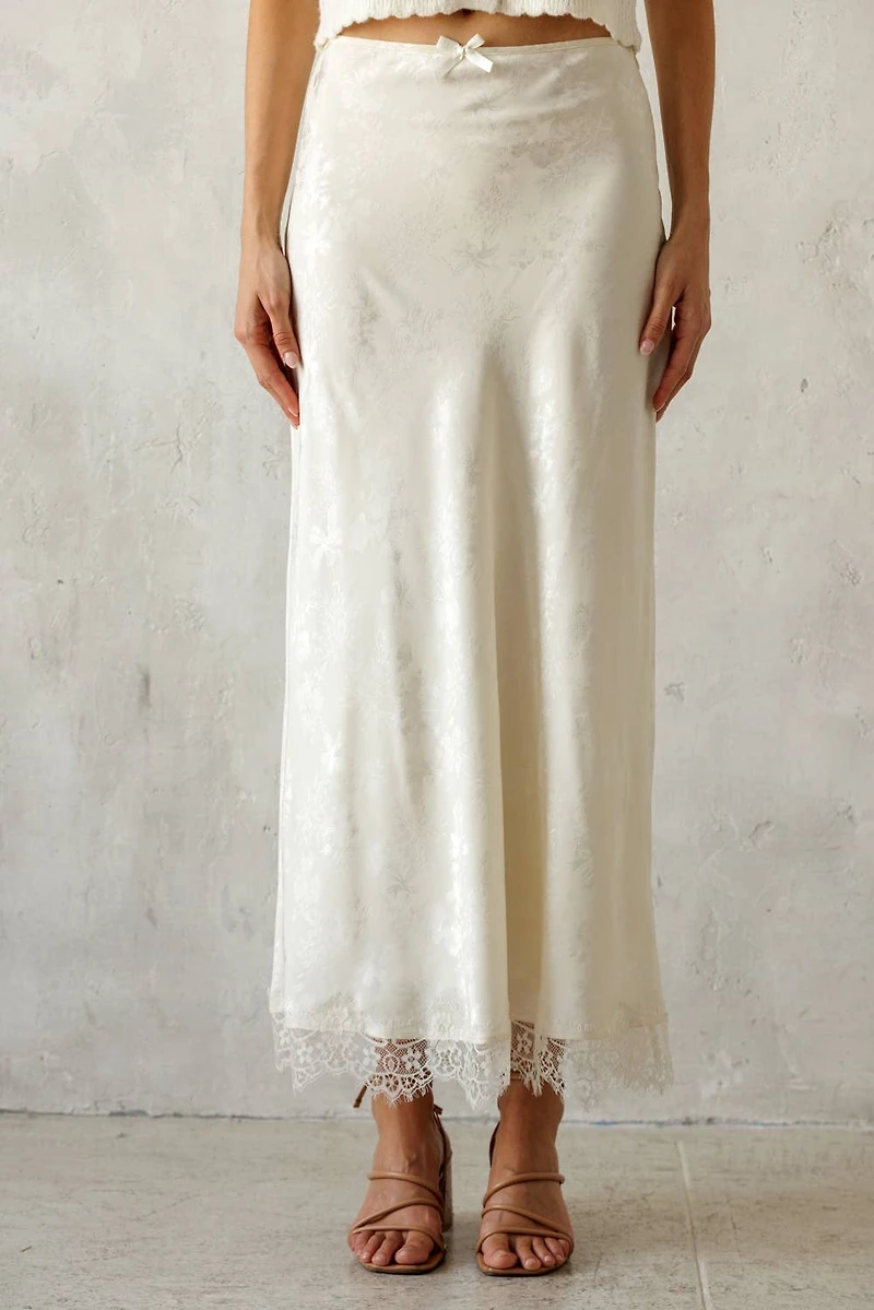 Ivory Satin Lace Trim Midi Skirt