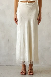Ivory Satin Lace Trim Midi Skirt