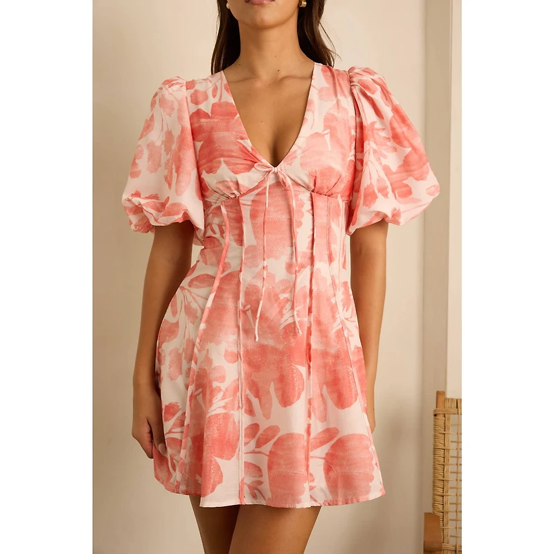 Pink Puff Sleeve Floral Mini Dress