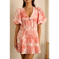 Pink Puff Sleeve Floral Mini Dress