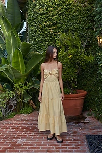 Yellow Strapless Twist Front Midi Dress