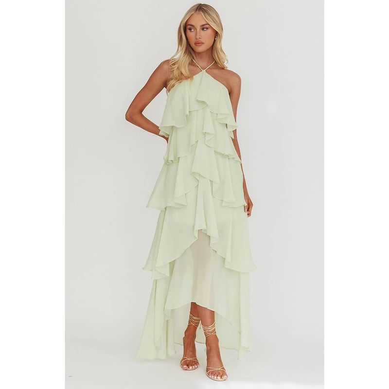 Green Halter Neck Ruffled Maxi Dress