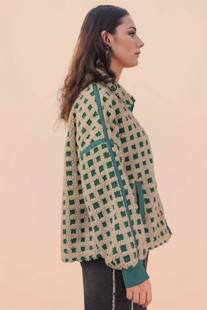 Gray & Green Oversized Checker Fleece Jacket