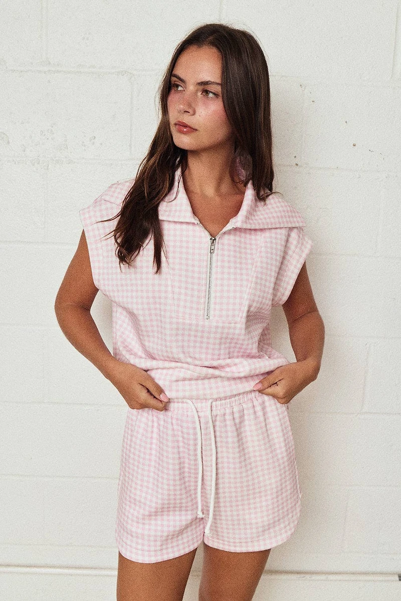 Pink Gingham Zip Up Top Short Set