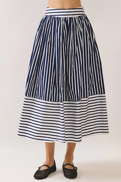 Navy Striped High Waist Midi Skirt