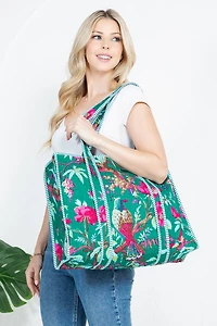 Green Bird Quilted Tote Bag