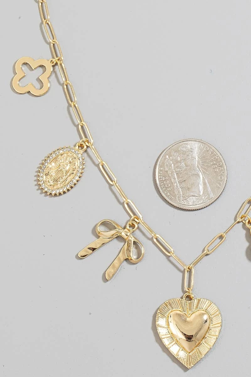 Heart Cross Clover And Ribbon Charms Chain Necklace