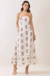 Cream Floral Cutout Detail Midi Dress