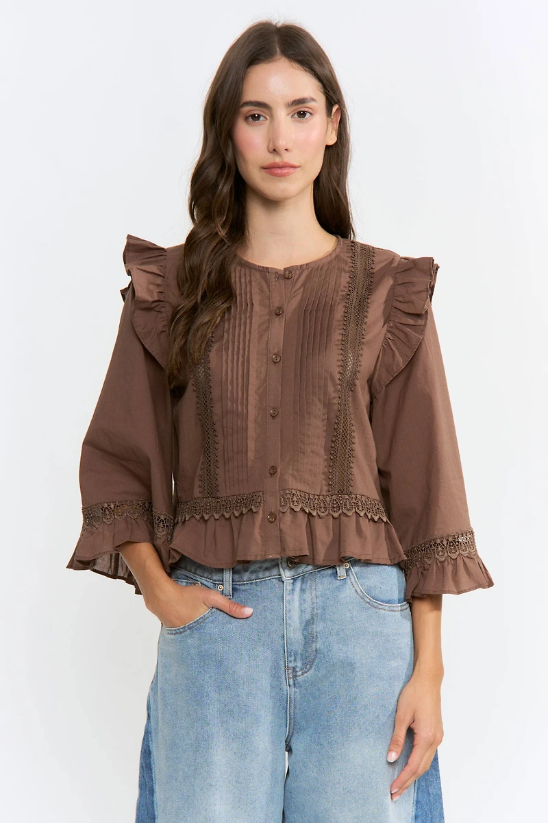 Brown Ruffle Lace Blouse