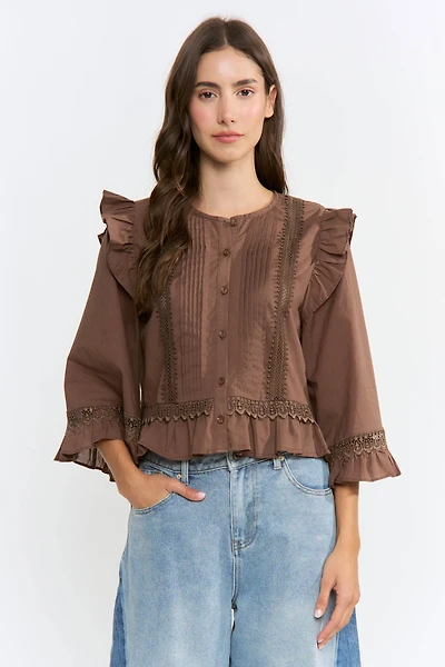 Brown Ruffle Lace Blouse