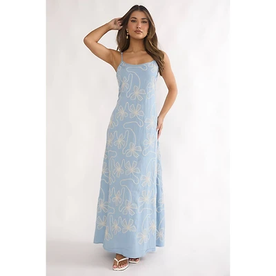 Blue Bow Embroidered Maxi Dress