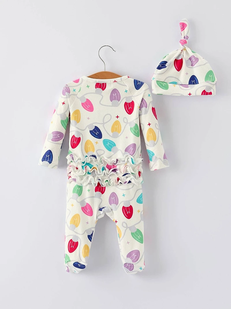 Christmas Colorful Light Bulb Baby Girls Romper with Hat