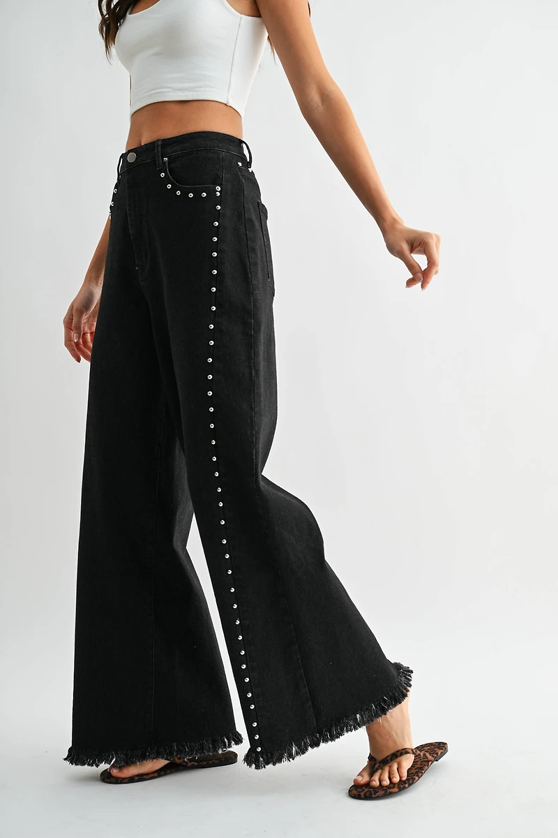 Black Wide-Leg Denim Stud Pants