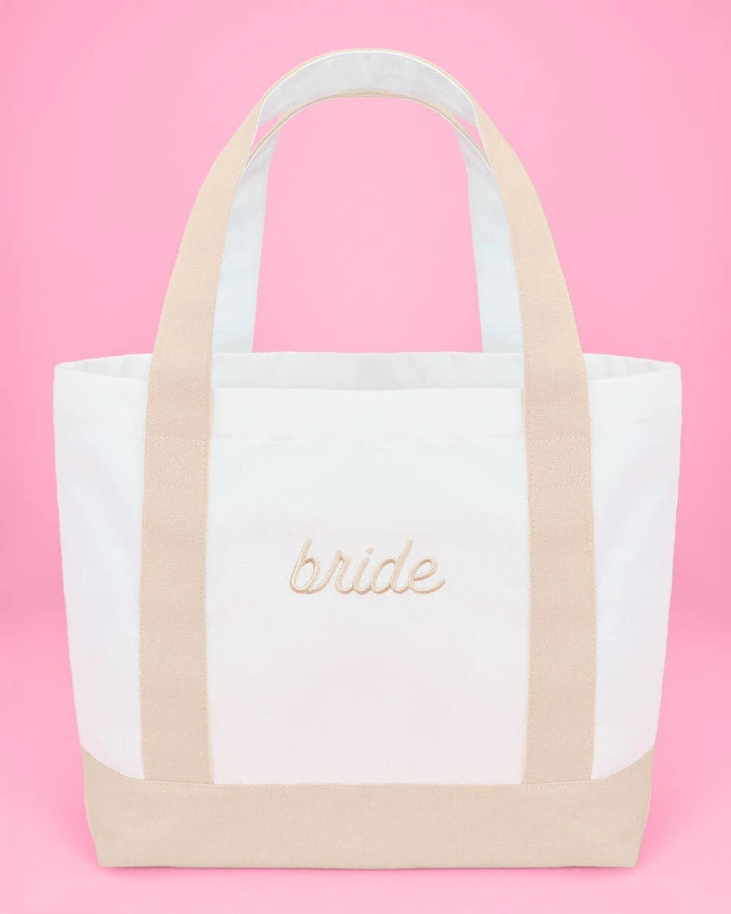 Beige Bride Embroidered Tote Bag