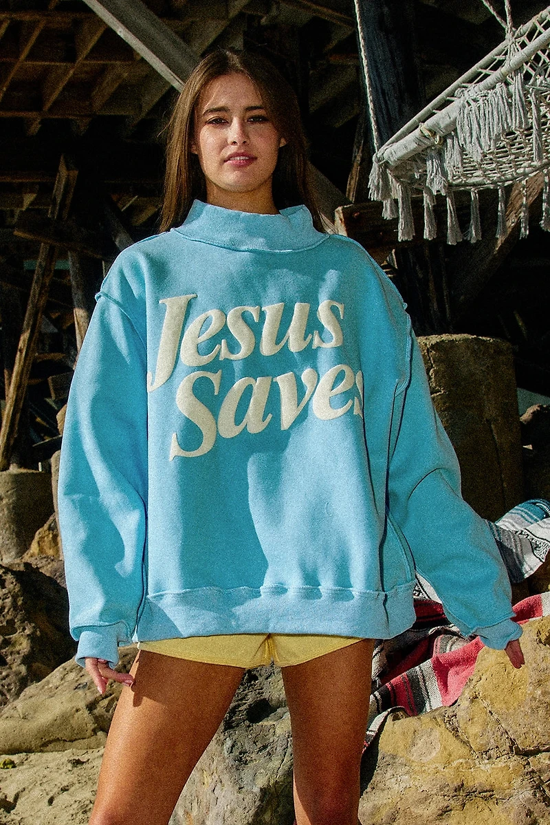 Blue Jesus Saves Mock Neck