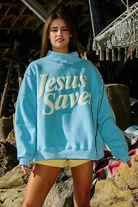 Blue Jesus Saves Mock Neck