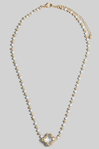 Faceted Clover Pendant Pearl Beaded Necklace