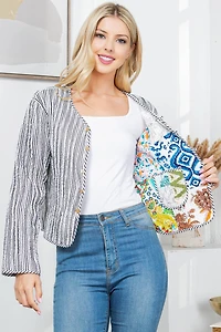 White Floral Print Quilted Patch Reversible Jacket