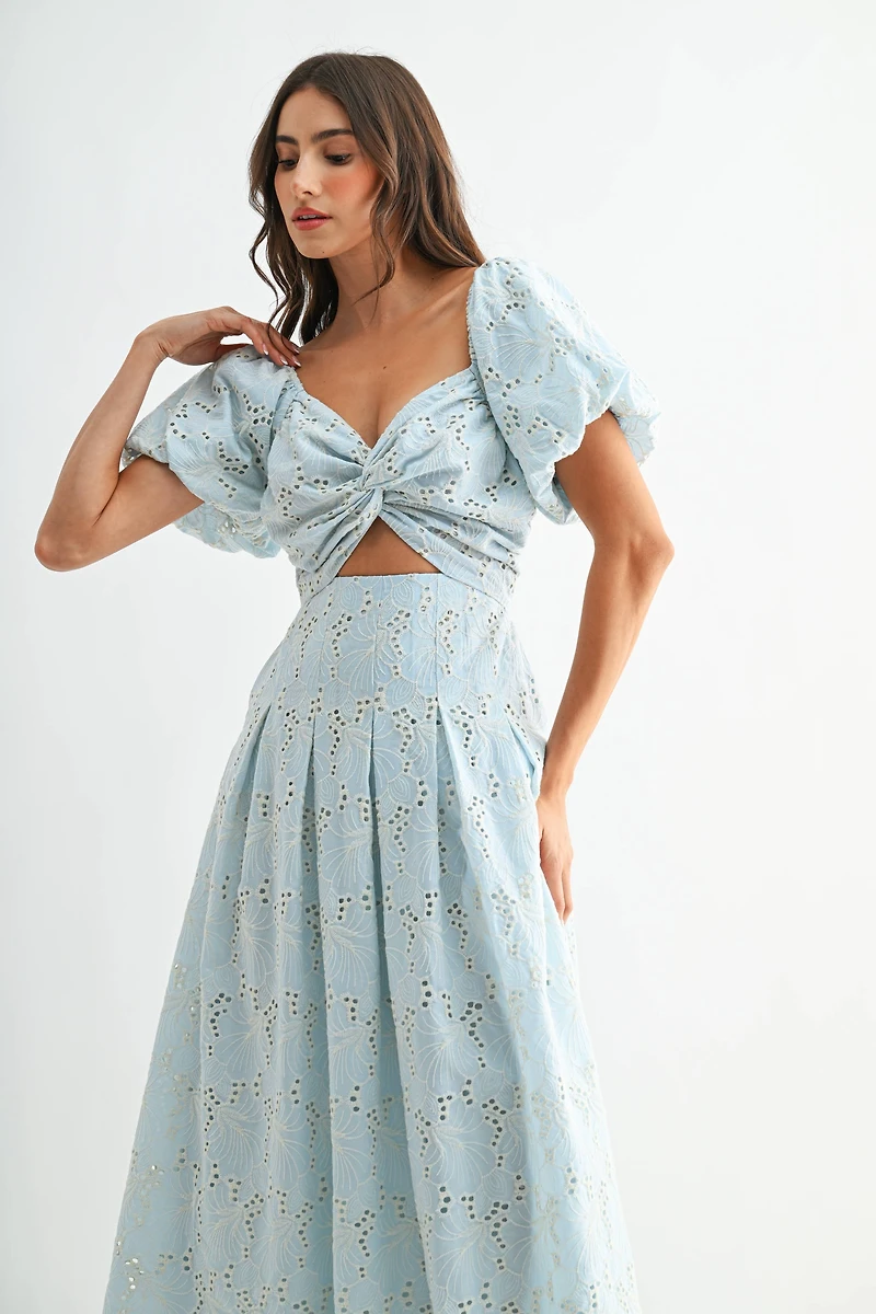 Blue Eyelet Puff Sleeve Maxi Dress
