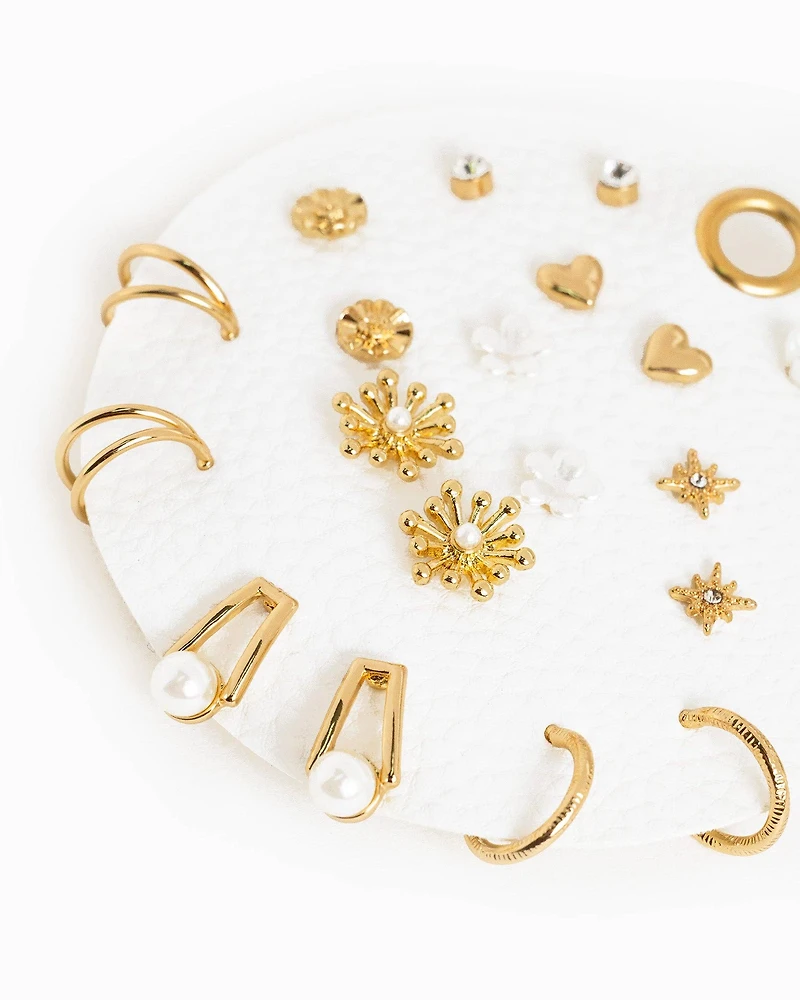 Acrylic Pearl, Flower, Gold Hoop Earring Set of 10