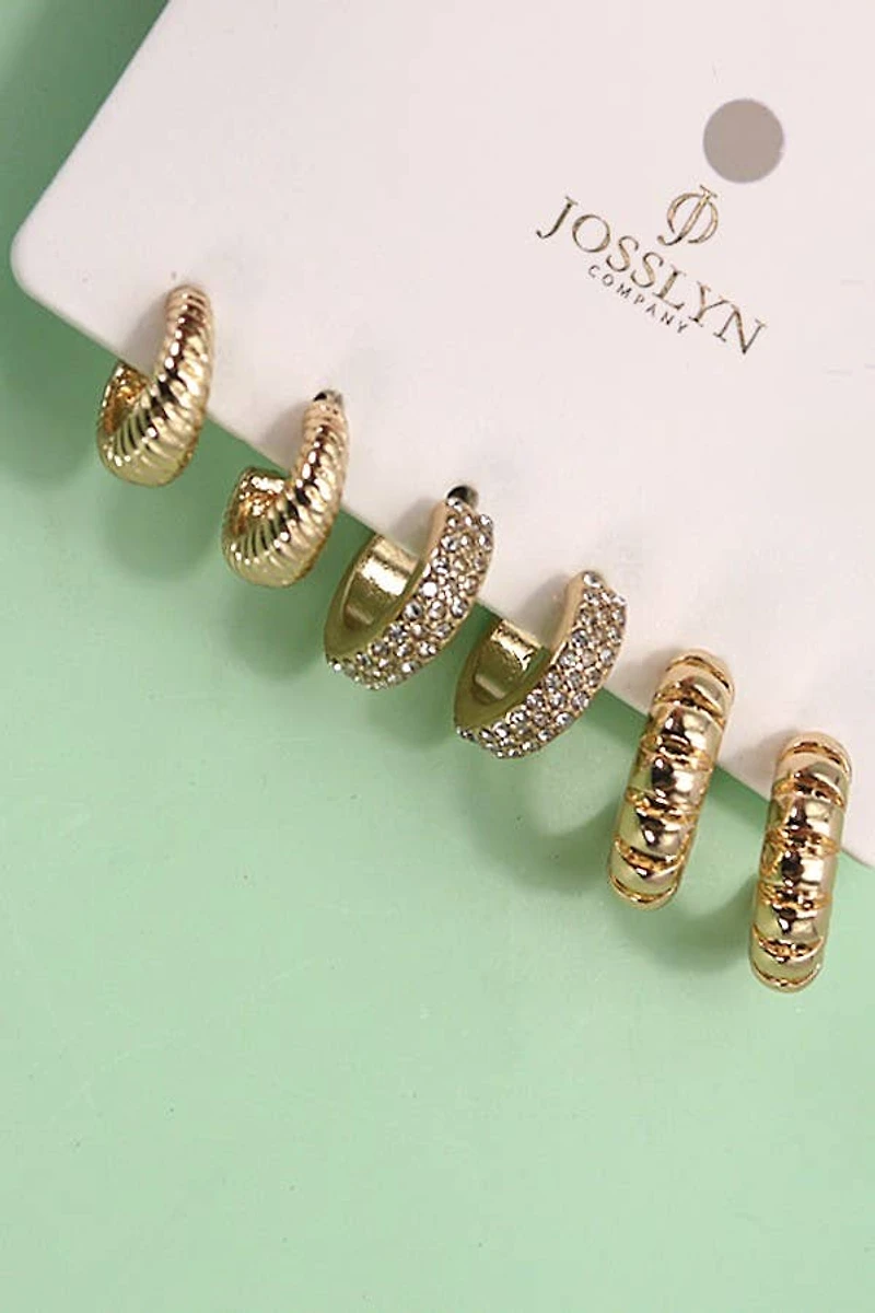 TRIO RHINESTONE TEXTURED HUGGIE HOOP EARRINGS