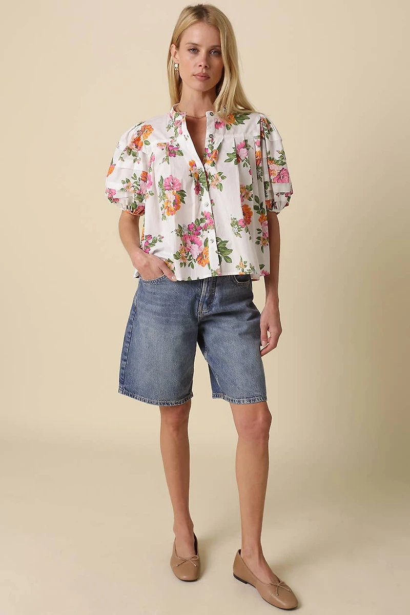 White Floral Puff Sleeve Blouse