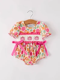 Autumn Halloween Thanksgiving Pumpkin Embroidery Smock Floral Girls Romper